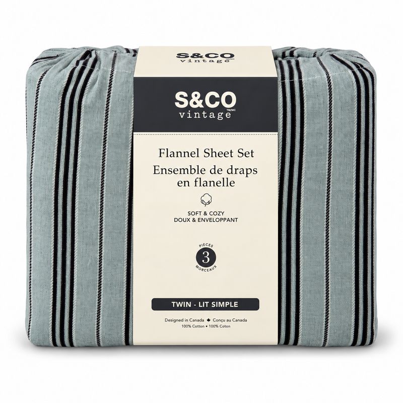 Ensemble de draps en flanelle à rayures bleues – 3 pièces – Lit simple