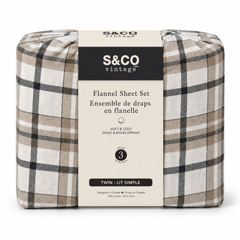 Ensemble de draps en flanelle 100 % coton à carreaux – 3 pièces – Lit simple