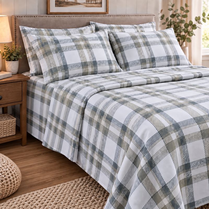Ensemble de draps en flanelle 100 % coton à carreaux – 3 pièces – Lit simple