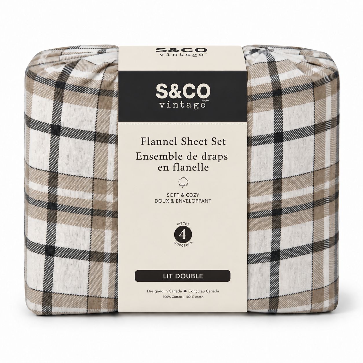 Ensemble de draps en flanelle 100 % coton à carreaux – 4 pièces – Lit double