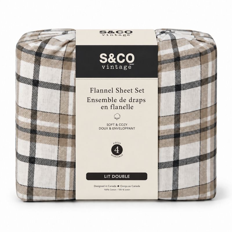 Ensemble de draps en flanelle 100 % coton à carreaux – 4 pièces – Lit double