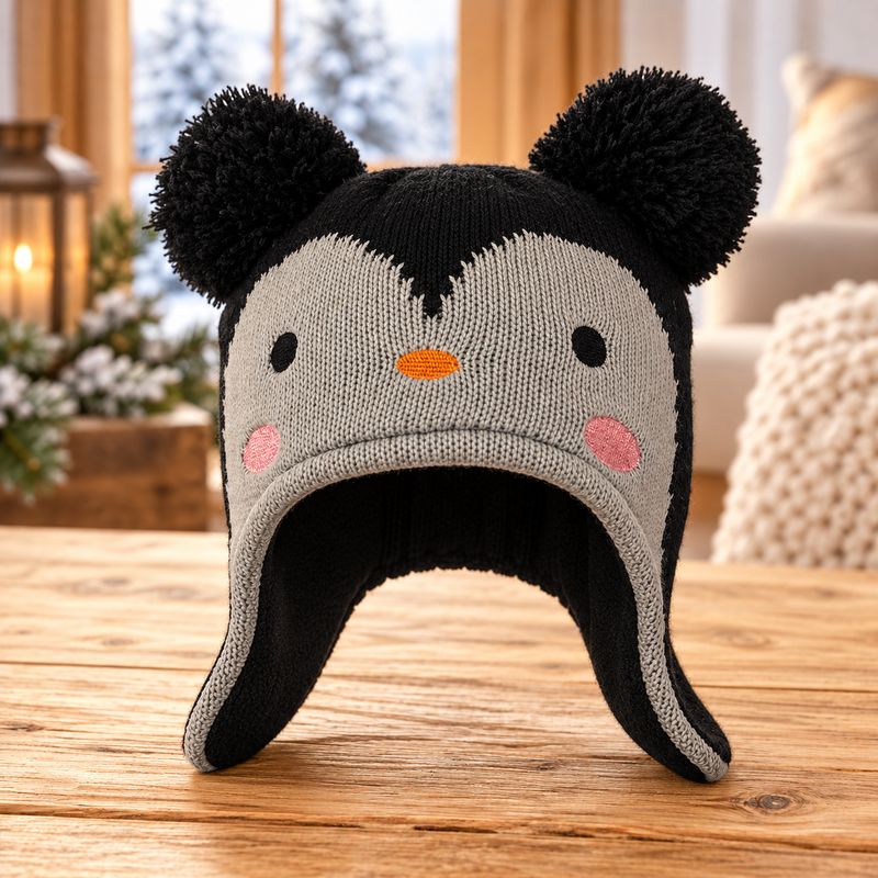 Tuque pour enfant pingouin avec pompom- gris