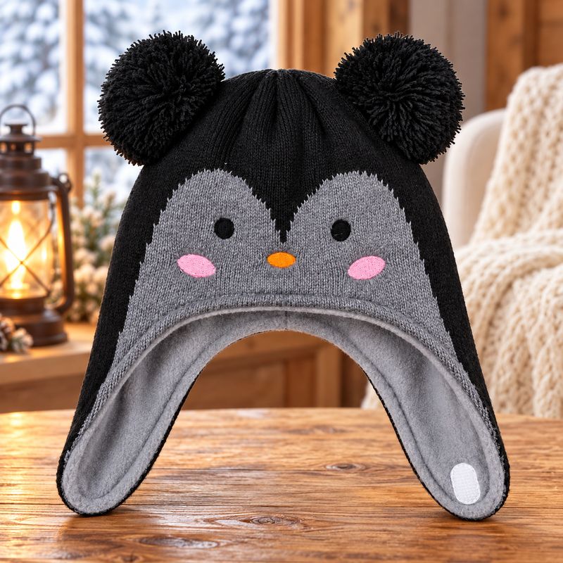 Tuque pour enfant pingouin avec pompom- Charcoal