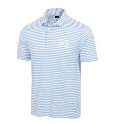 Greg Norman Men's ML75 Recycled Microlux Yarn-Dye Stripe Polo with Chi Flag/Clubs, Blue Haze/White Greg Norman Men's ML75 Recycled Microlux Yarn-Dye Stripe Polo with Chi Flag/Clubs, Blue Haze/White