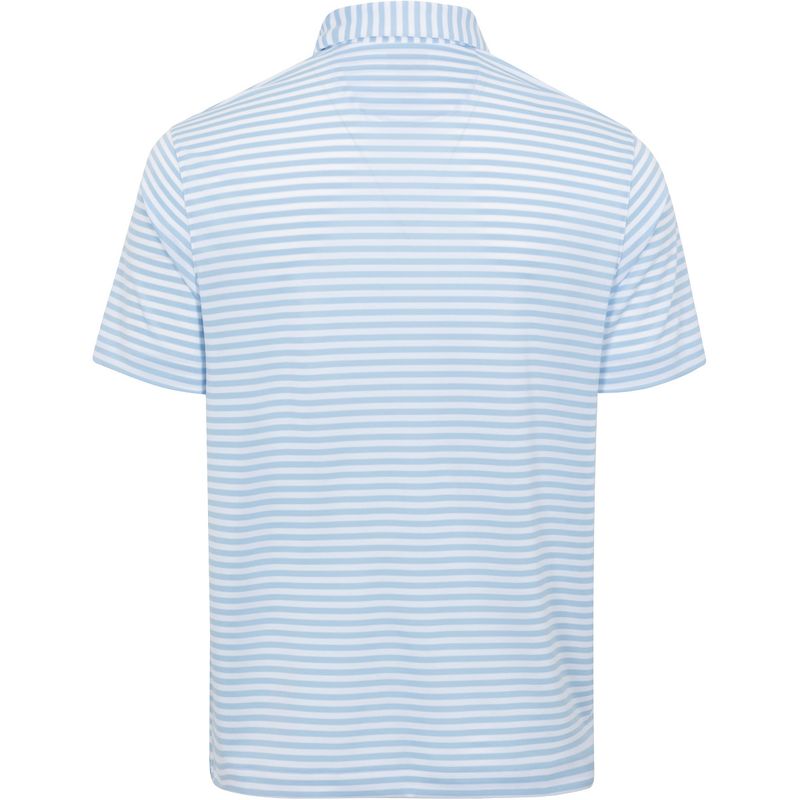 Greg Norman Men's ML75 Recycled Microlux Yarn-Dye Stripe Polo with Chi Flag/Clubs, Blue Haze/White
