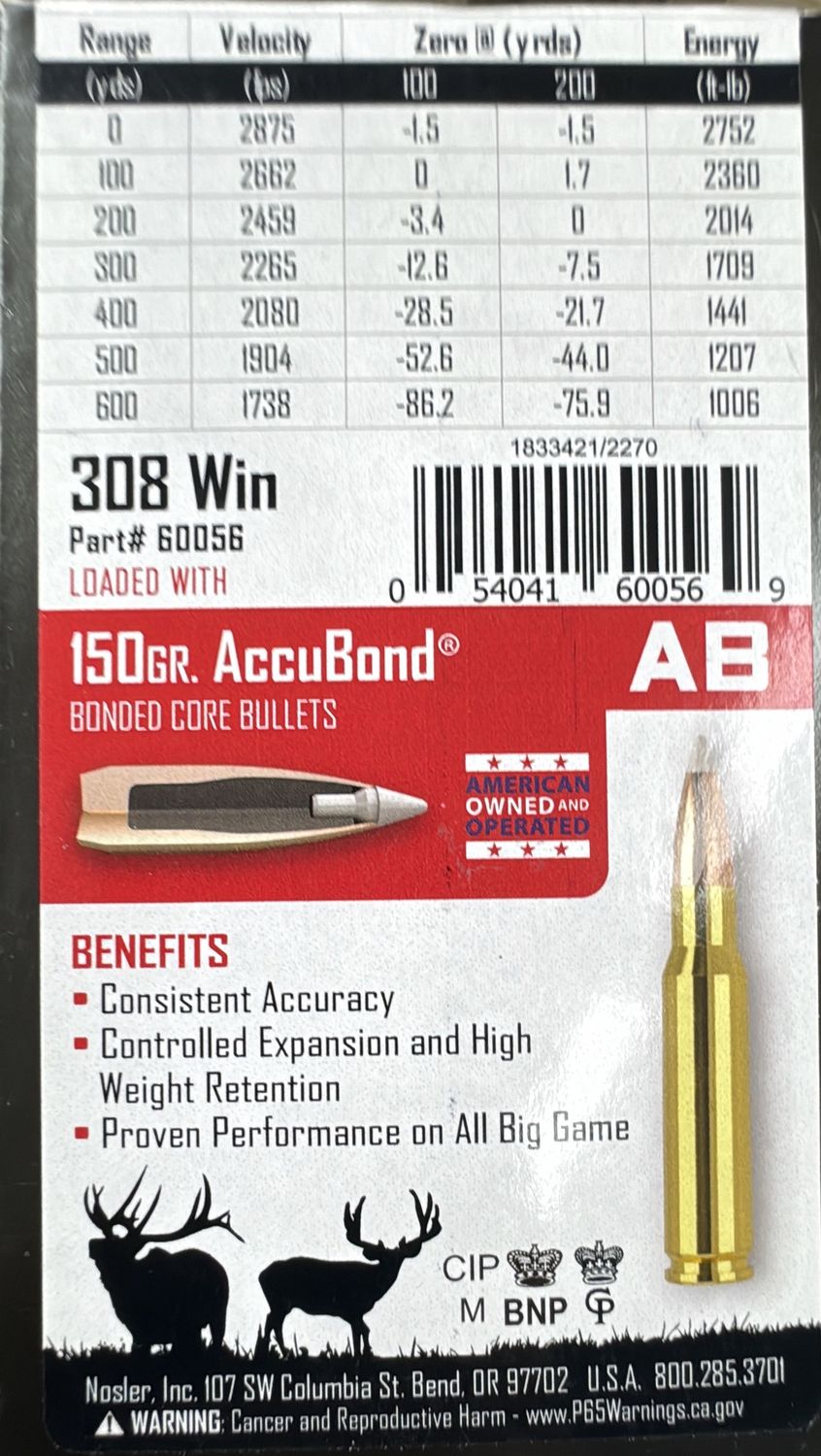 NOSLER AMMO 308 WIN 150gr TG ACCUBOND (20) 