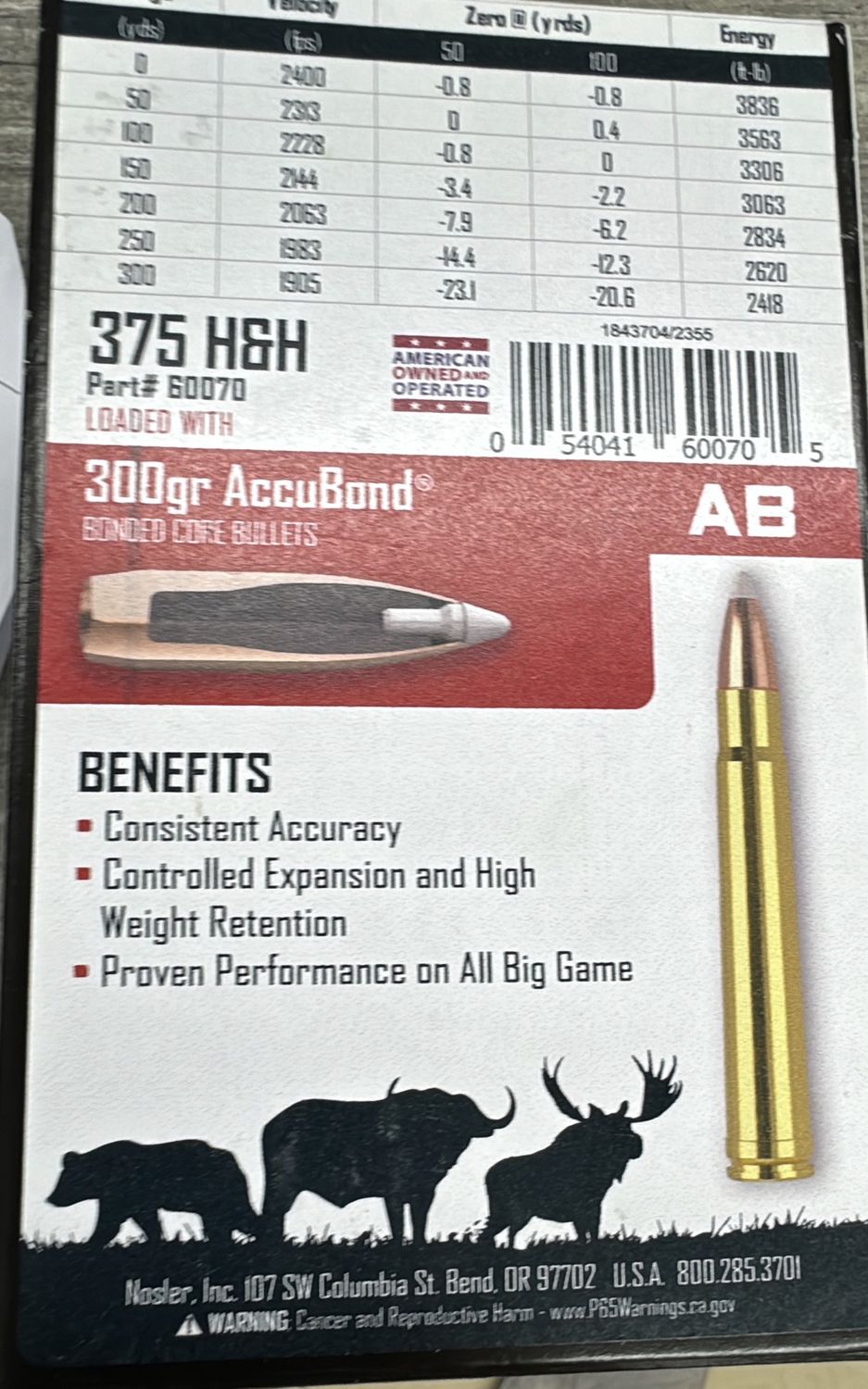 NOSLER AMMO 375 H&amp;H 300GR TG ACCUBOND (20) 
