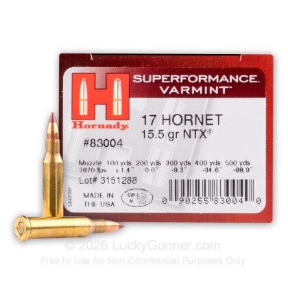 HORNADY AMMO 17 HORNET 15.5GR NTX SPF (25)