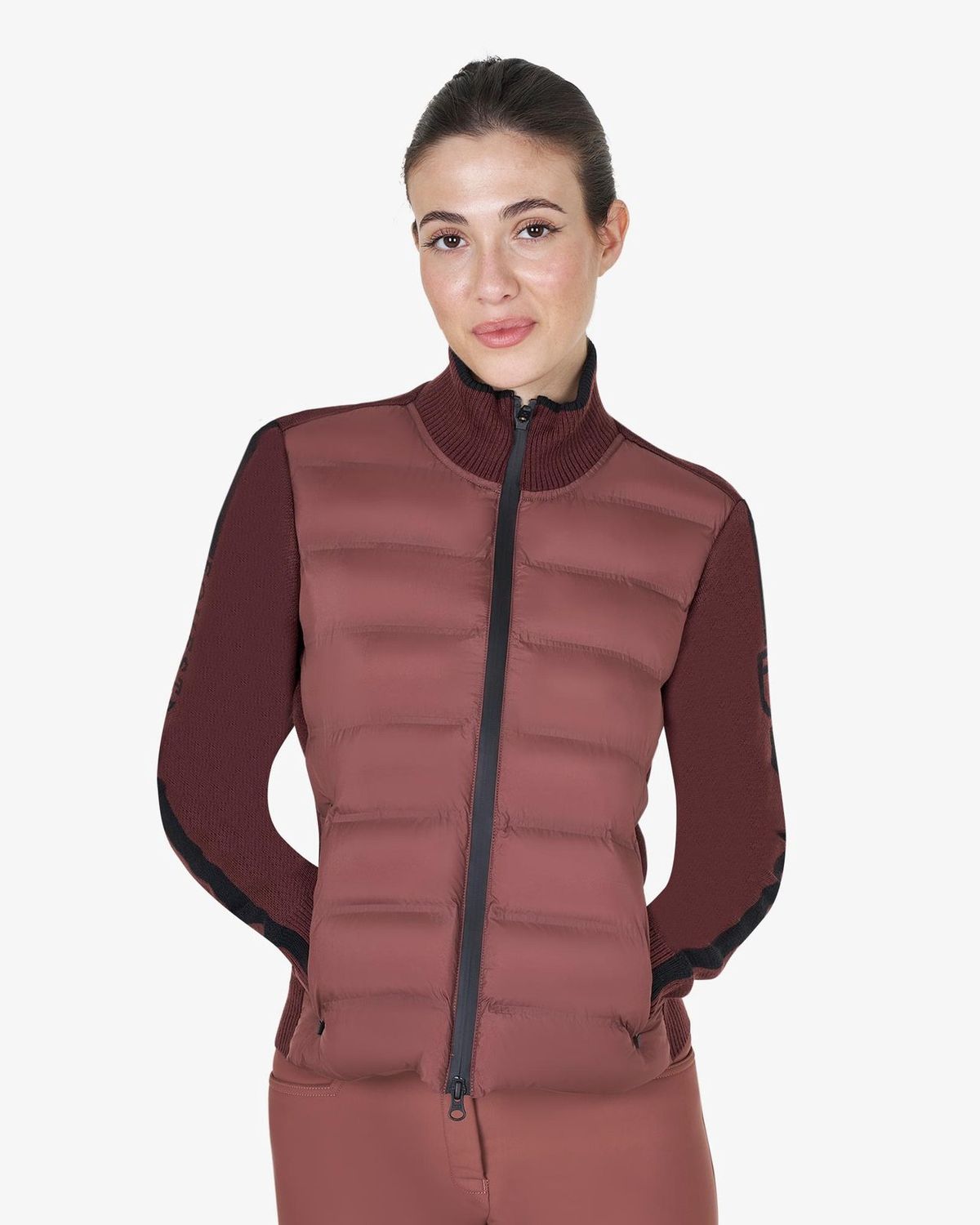 Equestro Full zip hybrid nylon + knit jacket marron