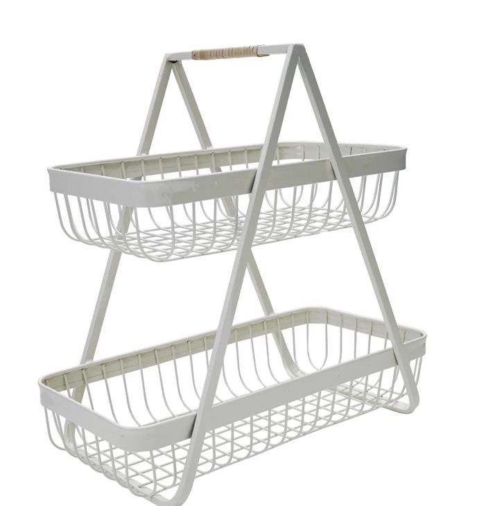 Decorative Metal 2 Tier Tray with Rattan Wrapped Handle