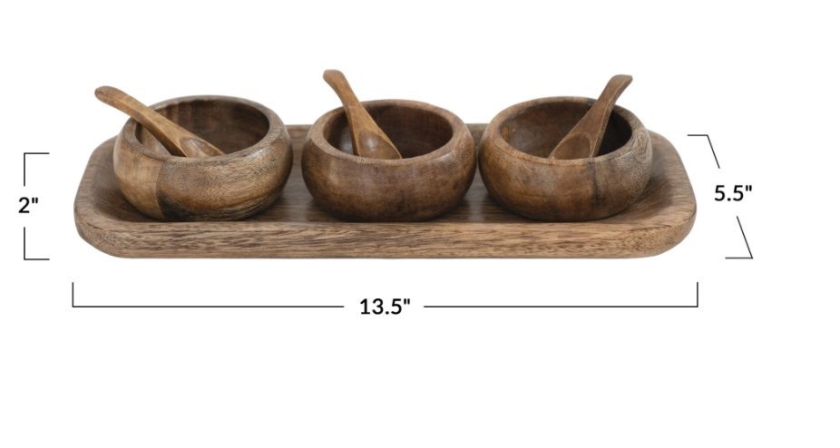 Mango Wood Tray with 3 Bowls and Spoons