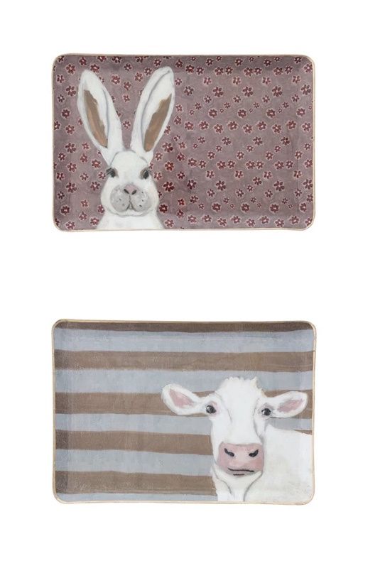 Enameled Metal Trays with Animal Images & Gold Edges
