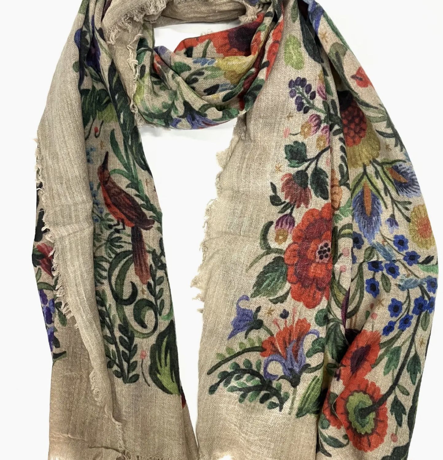 Jardin Wool Scarf Beige Bird