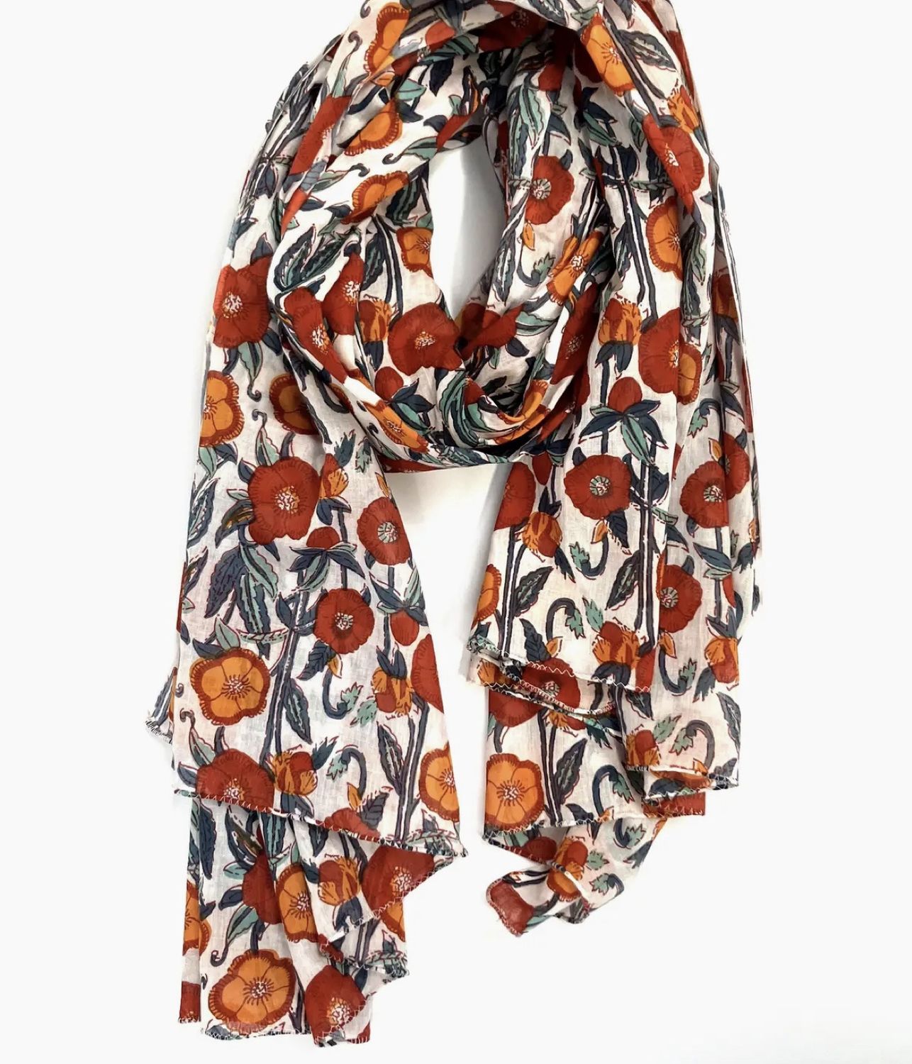 Hand Block Printed Cotton Scarf Orange Multi