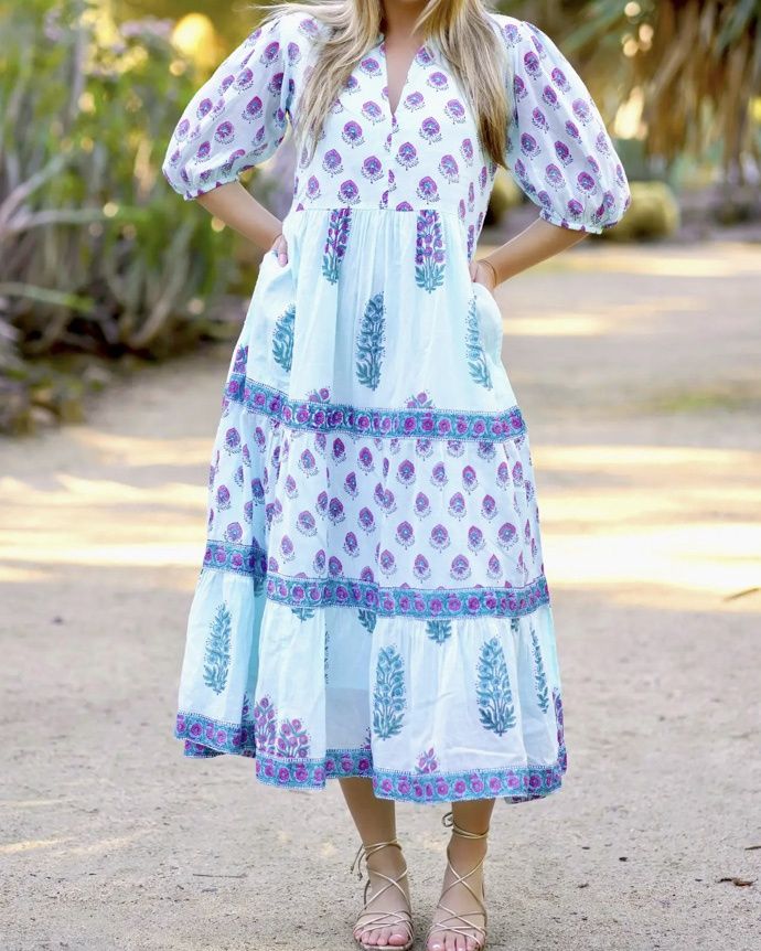 Remi Block Print Maxi Dress LT Blue
