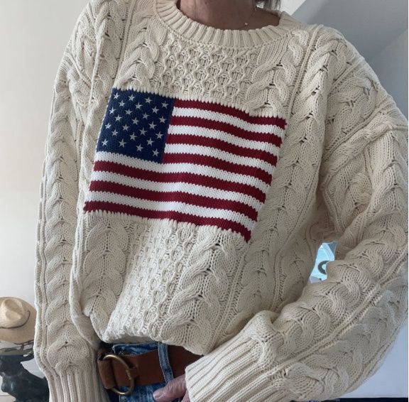 Cotton Flag Aran Knit Sweater in Ivory