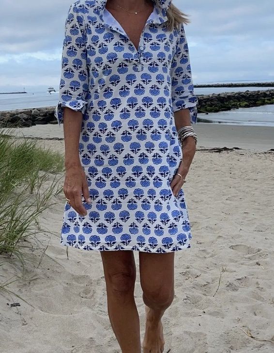 3/4 Sleeve Block Print Dresses - Blue