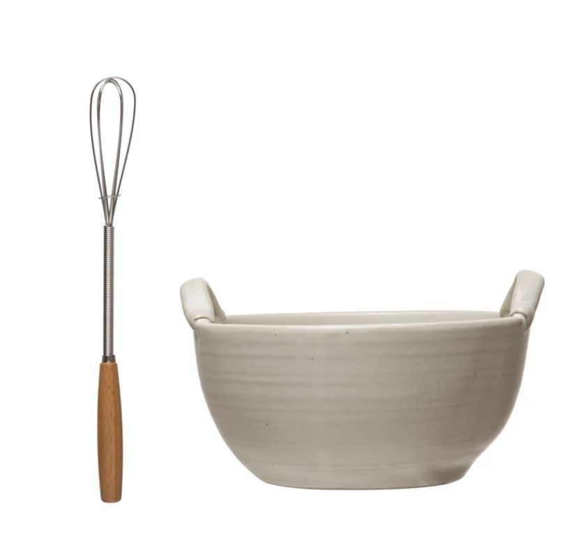 Stoneware Bowl, Wood and Metal Whisk