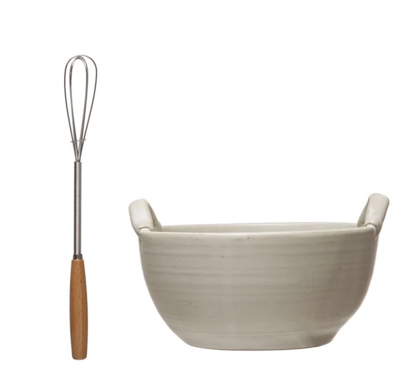 Stoneware Bowl, Wood and Metal Whisk