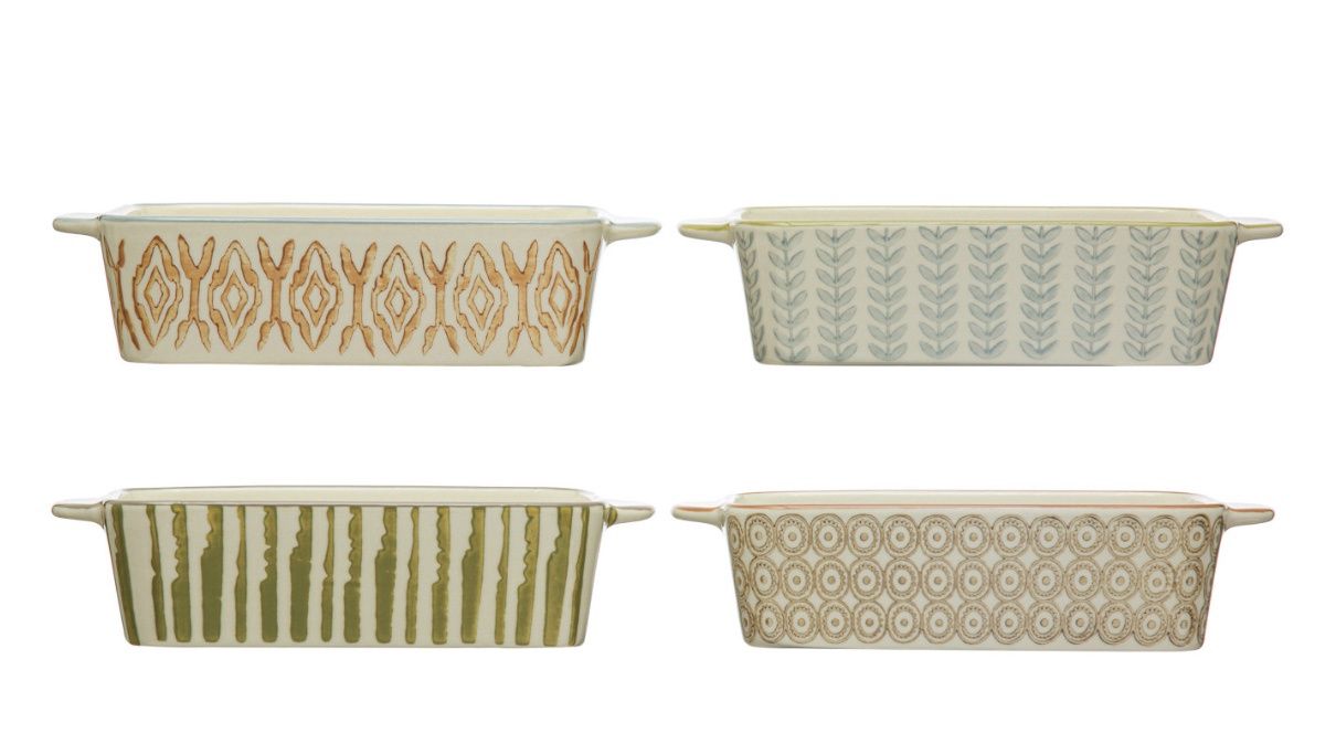 2-1/2 Cup Hand-Stamped Stoneware Baker w/ Pattern, Multi Color, 4 Styles
