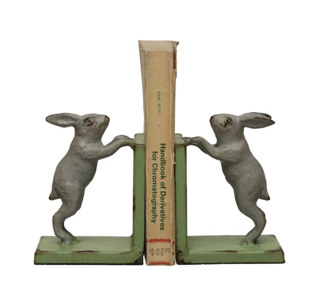 Cast Iron Rabbit Bookends,  Green & Grey, S/2
