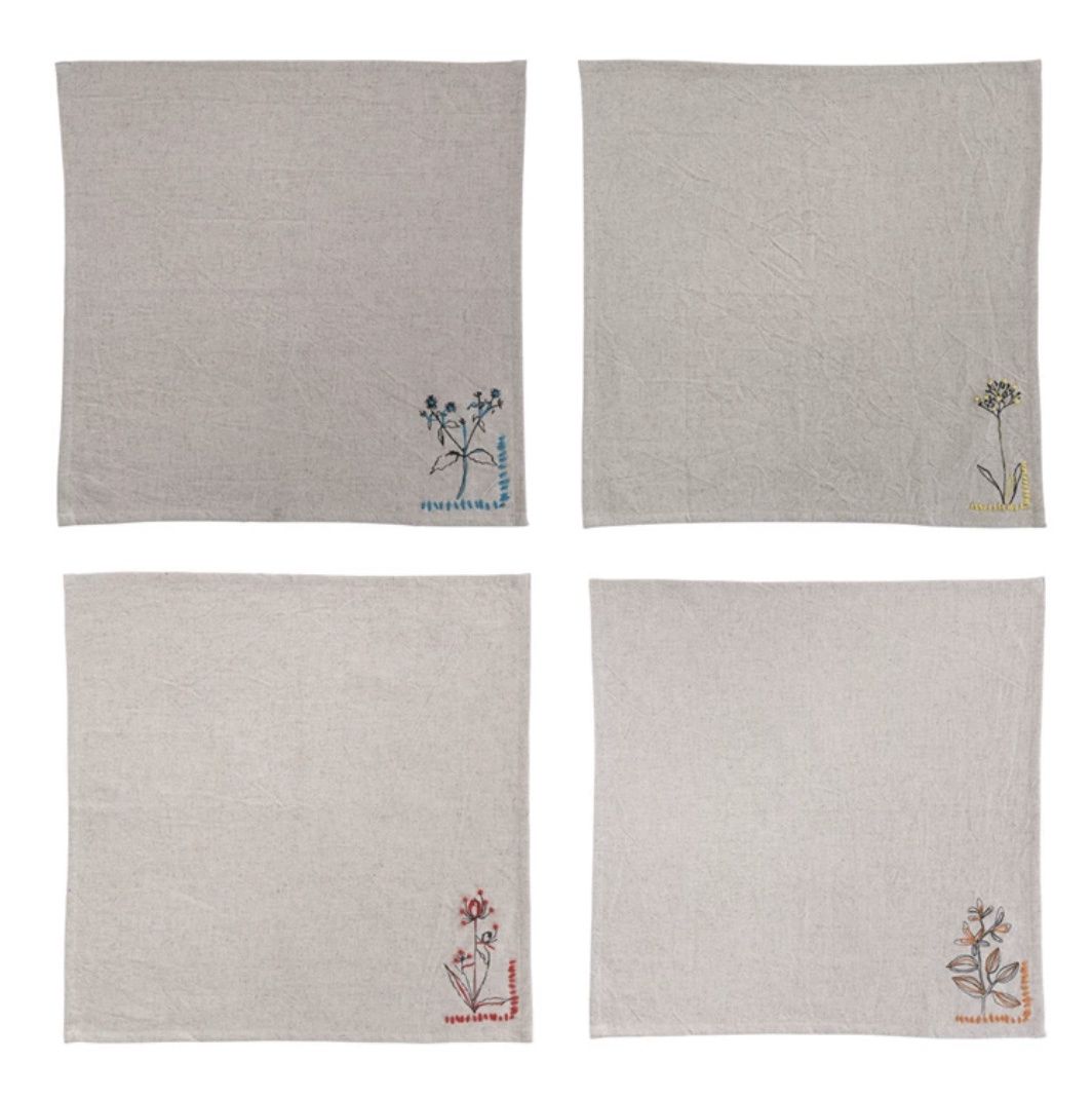 Cotton Printed Napkins w/ Hand-Embroidery & French Knots S/4