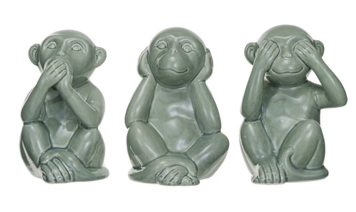 Stoneware Hear/Speak/See No Evil Monkey, 3 Styles