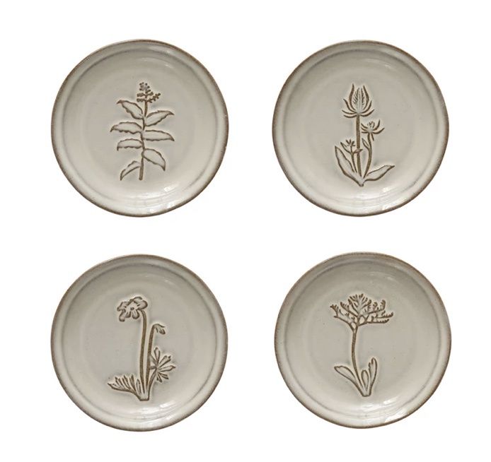 Embossed Stoneware Dish w/ Flower, 4 Styles