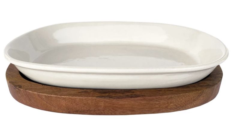 1 Quart Stoneware Serving Dish/Casserole Baker w/ Mango Wood Base