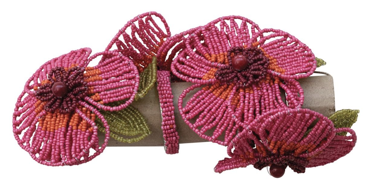 Handmade Glass Beaded Flower Napkin Rings, S/4 Tied with Jute