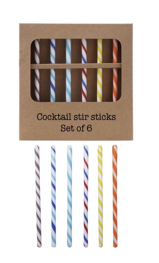 Hand-Blown Glass Cocktail Stir Sticks with Stripes, Boxed S/6