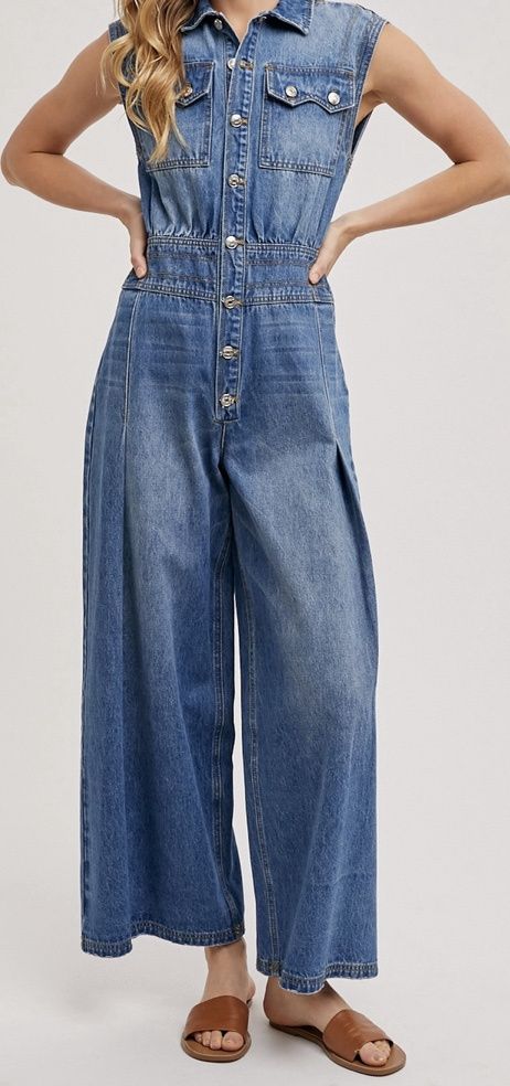Denim Sleeveless Shirt Jumpsuit