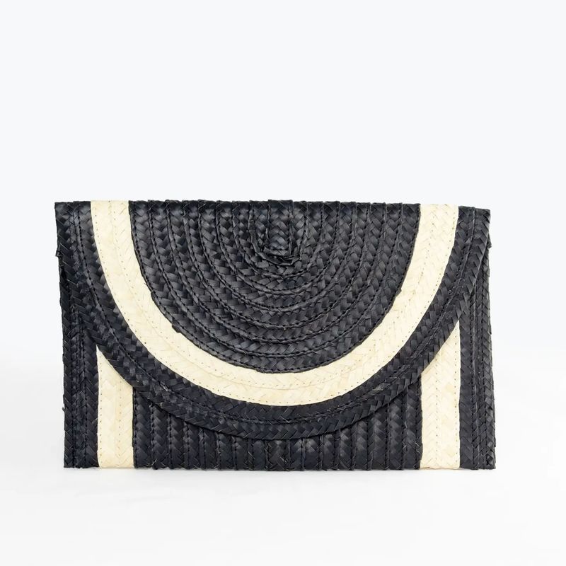 Straw Clutch - Black with Ivory Trim