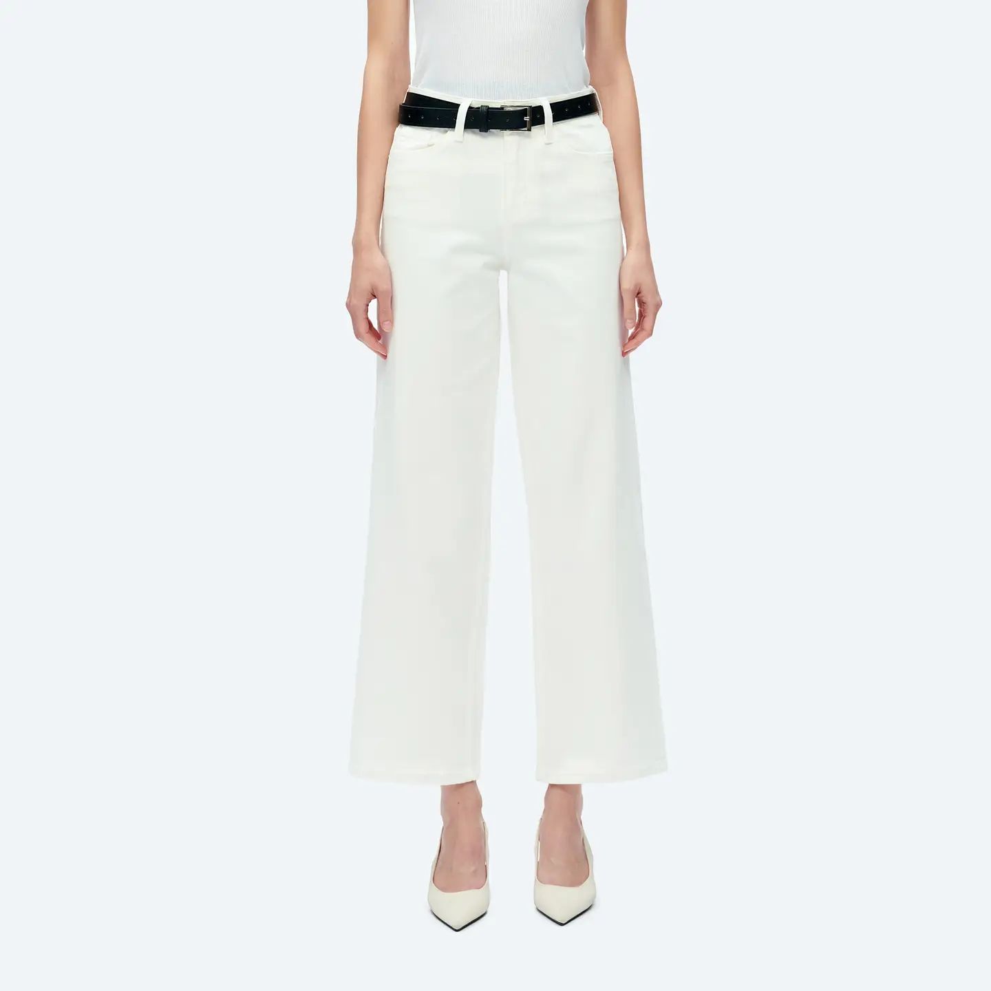 High Rise Wide Leg Twill Pants with Finished Hem