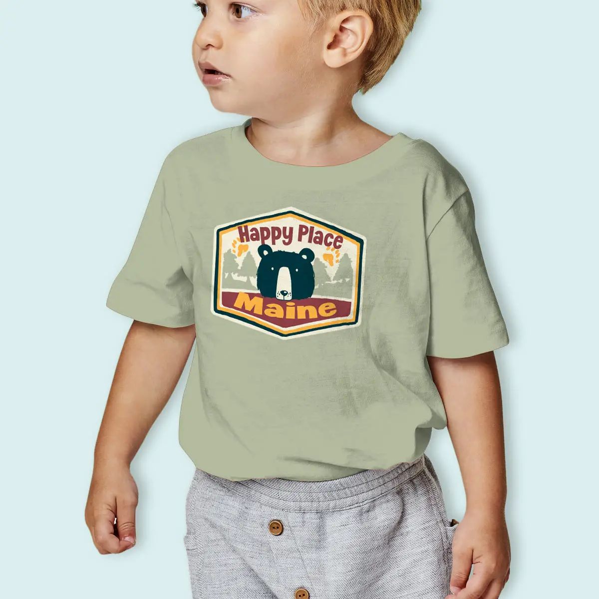 Kids Camp Happy Place Bear T-shirt - Sage