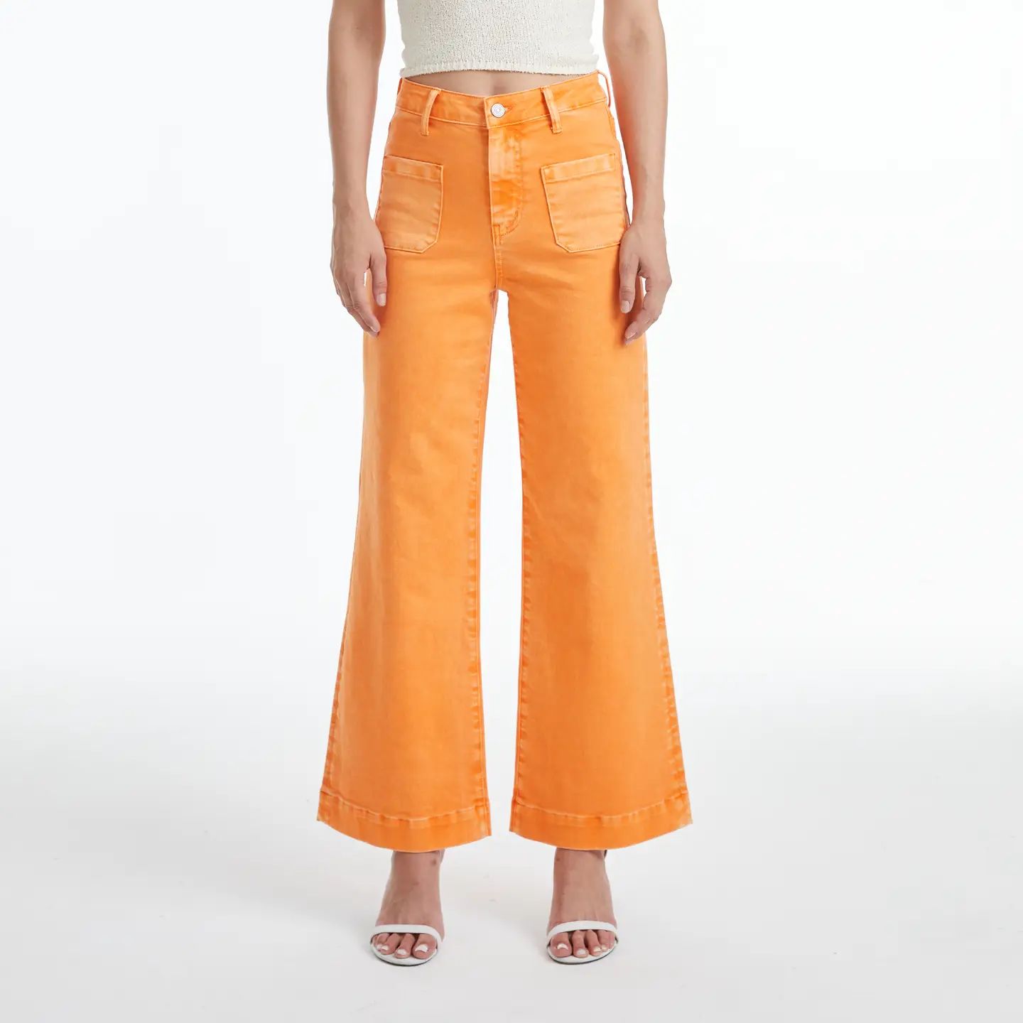High Rise Wide Leg Twill Pants with Finished Hem Tangelo