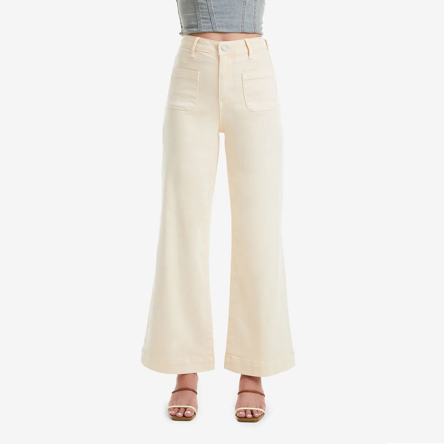 High Rise Wide Leg Twill Pants w/ Finished Hem Vanilla
