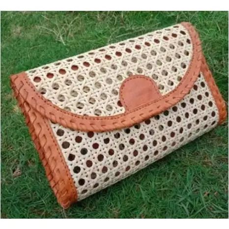 Rattan Clutch with Leather Trim and Crossbody Strap