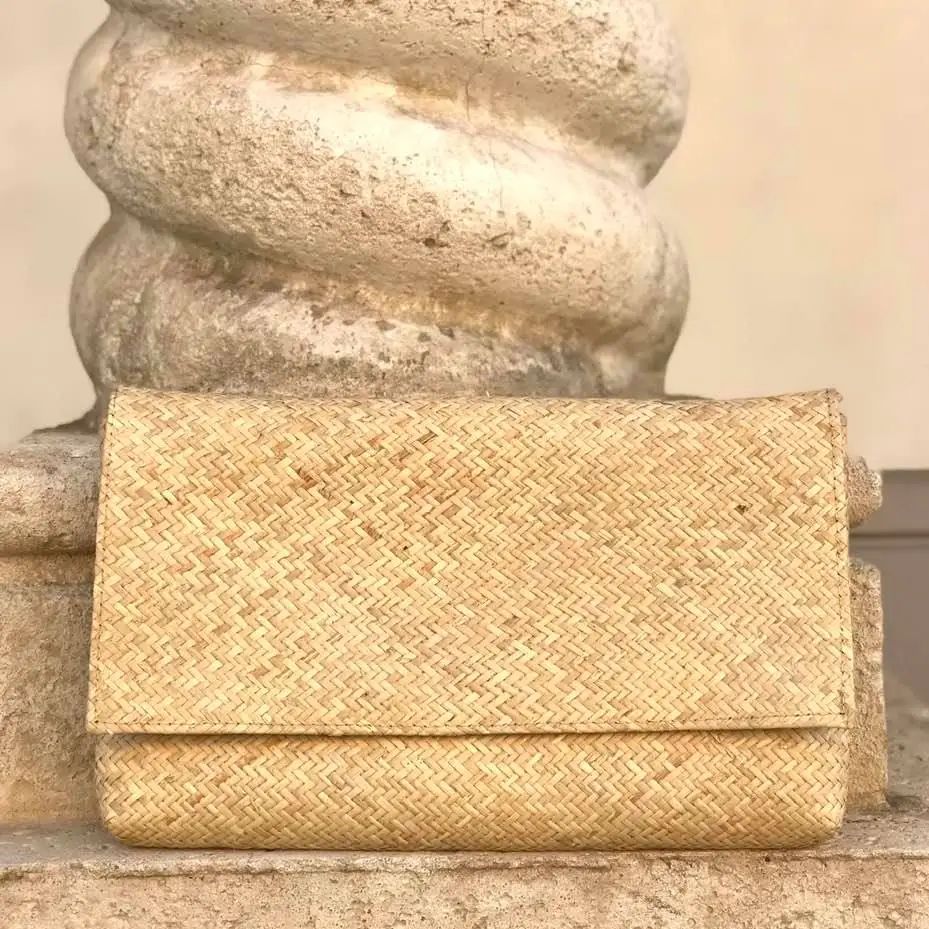 Rattan Clutch with Batik Print Lining - Ivory