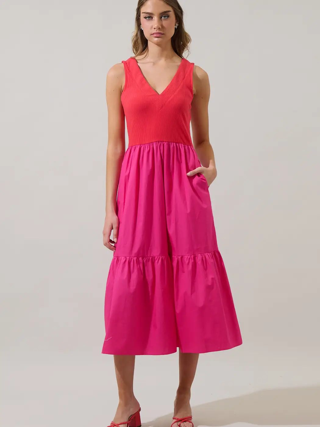 Selina Mix Midi Dress - Pink/Red