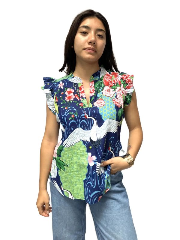 Ruffle Sleeve Blouse Navy