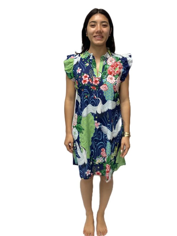 Ruffle Sleeve Short Dress-Navy