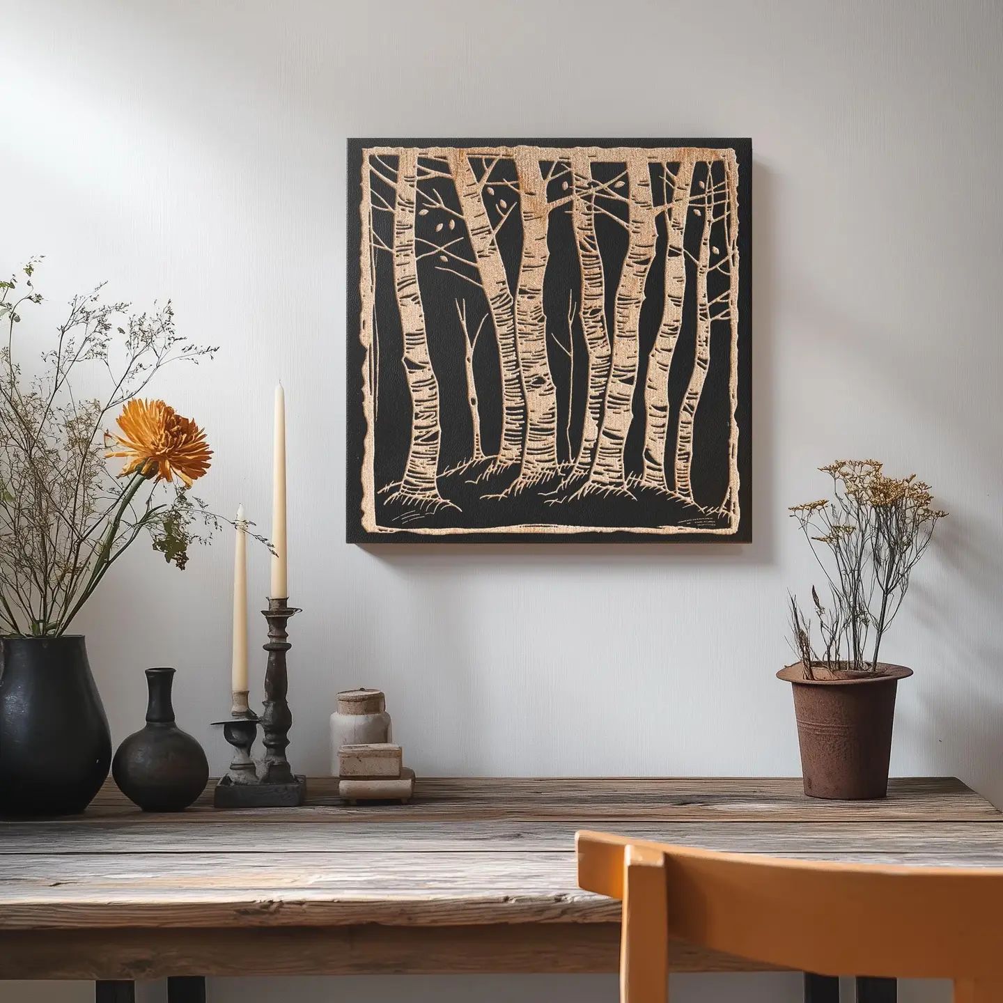 Birch Trees Engraved Illustration 12x12