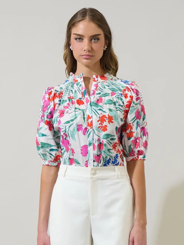 Kivia Blossom Smocked Mock Neck Top