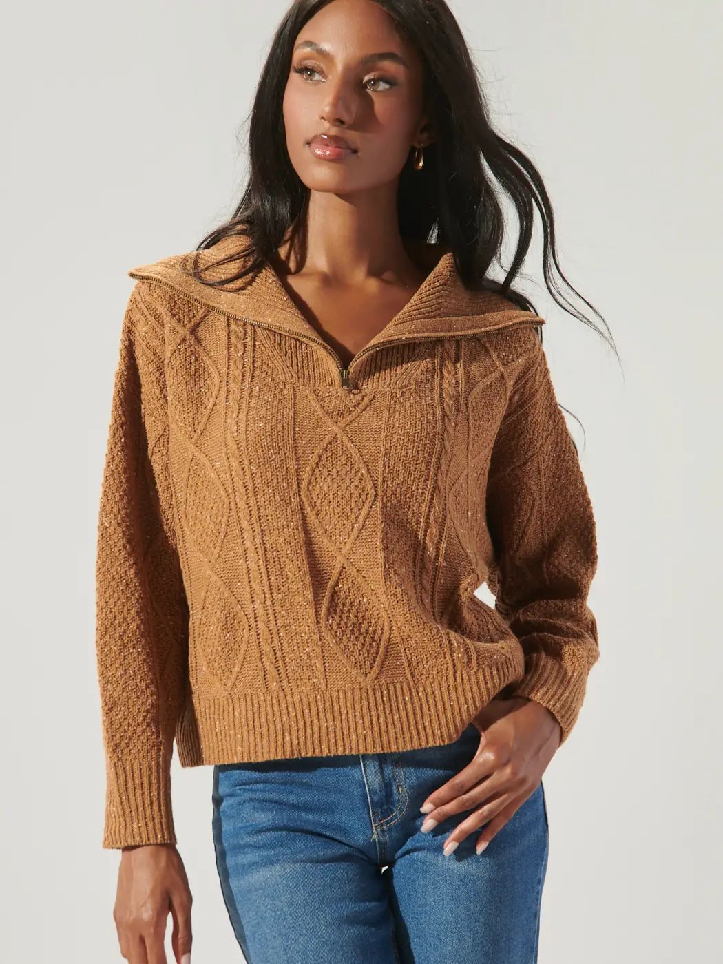 Mocha Cable Knit Half Zip Sweater
