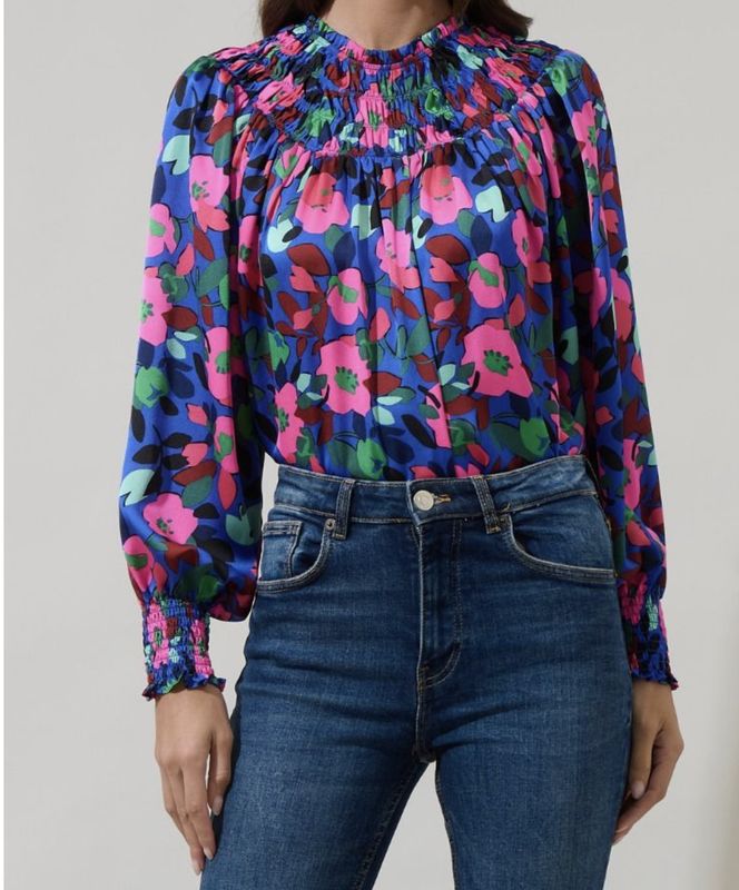 Vivi Berry Floral Bonsoir Smocked Raglan Sleeve Blouse