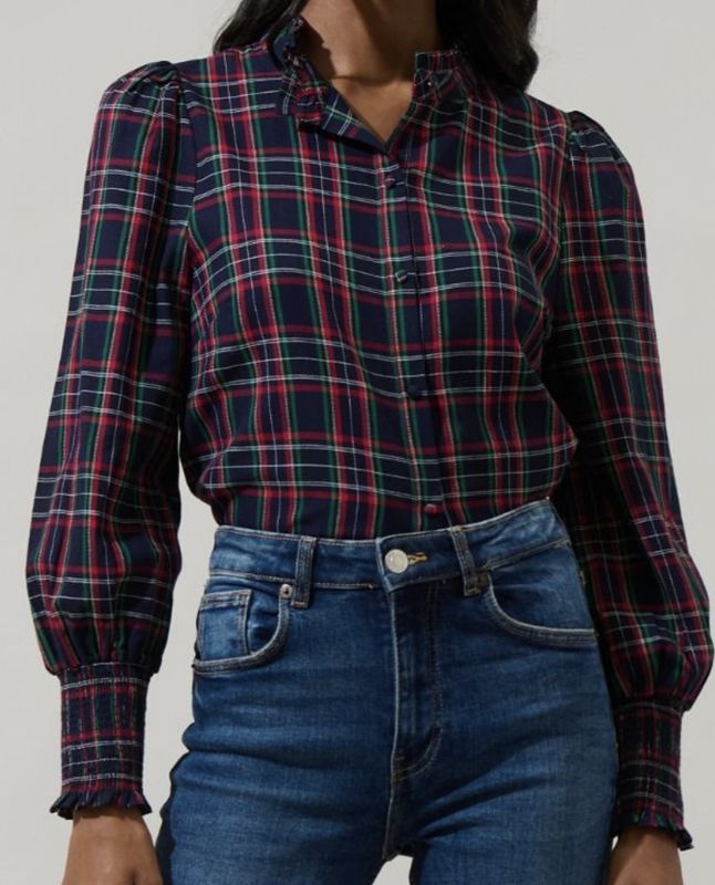 Chapman Plaid Button Down Top Navy