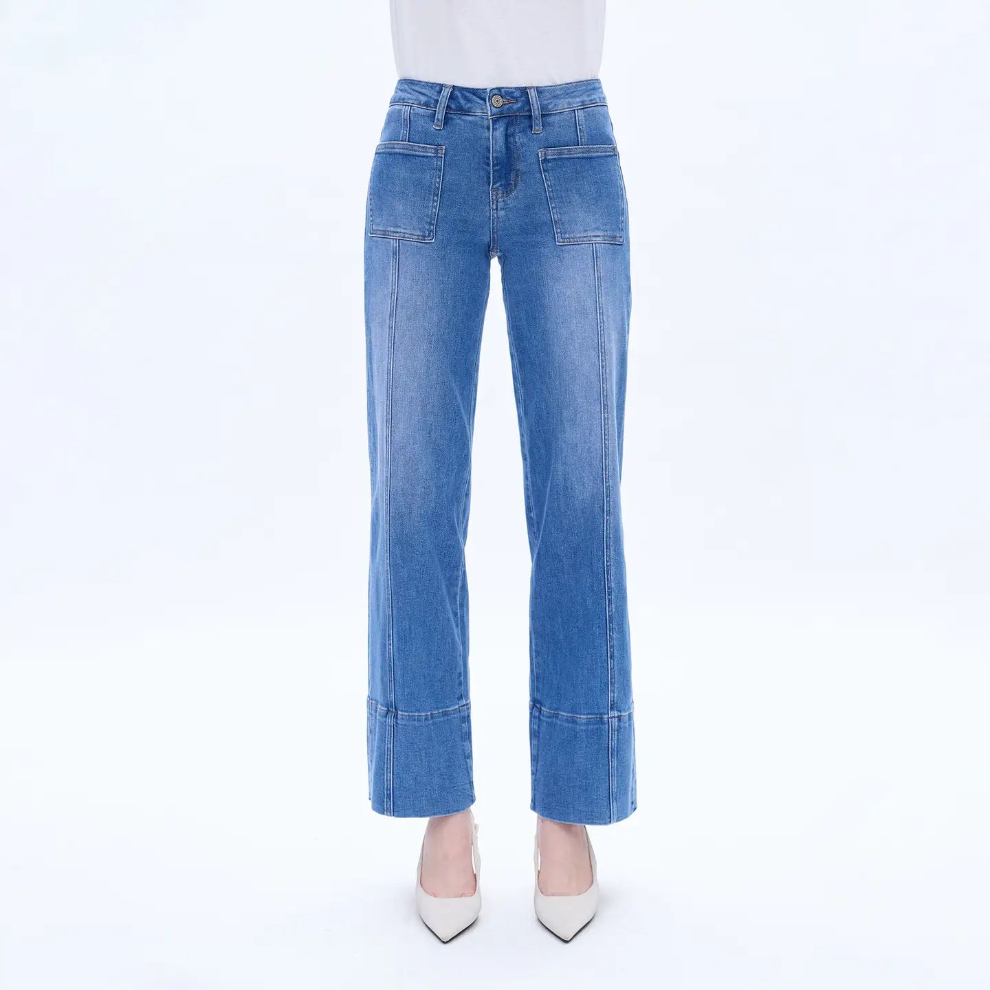 Mid Rise Wide Leg Denim Jeans with Finishe Hem BYW8152