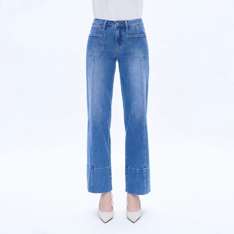 Mid Rise Wide Leg Denim Jeans with Finishe Hem BYW8152
