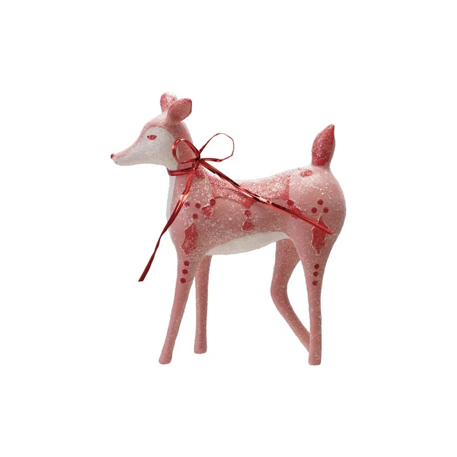Resin Deer with Wire Ribbon, Pink, Red & White with Sugar
